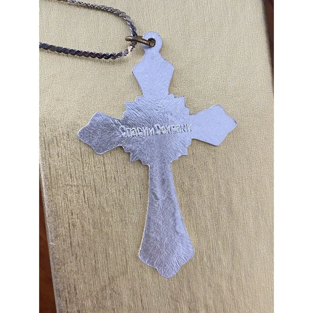 Russian Orthodox Cross Pendant Silvertone with Enameling Sterling Chain Stamped